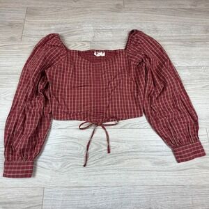 Levi's Red Plaid Square Neck‎ Smocked Crop Top Women's Size S Puff Sleeve